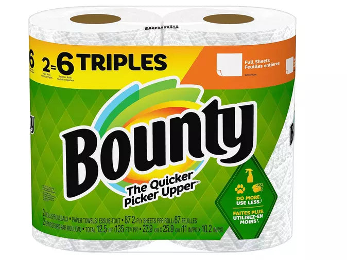 Bounty Full Sheet Paper Towels, White, 2 Triple Rolls - 6 Regular Rolls