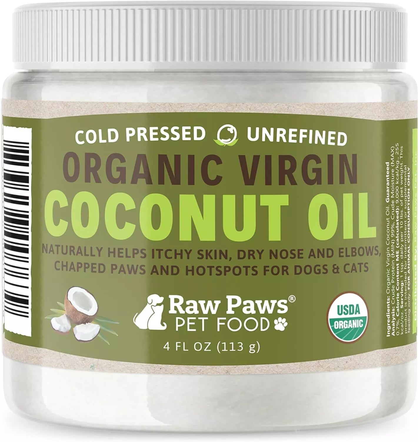 Virgin Organic Coconut Oil for Dogs & Cats, 4-oz - Treatment for Itchy Skin, Dry
