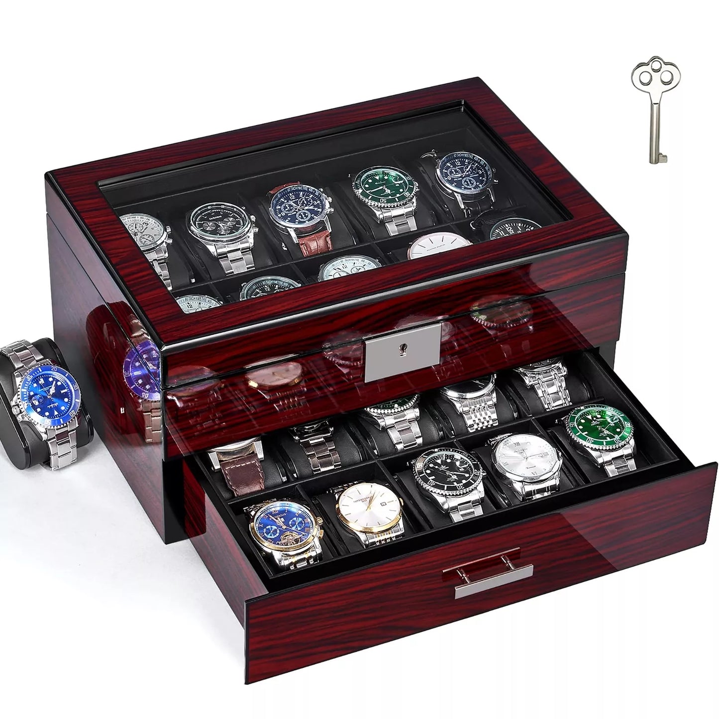 20 Slot Watch Box Watch Case for Men with Large Glass Lid 2Tier Watch Displa