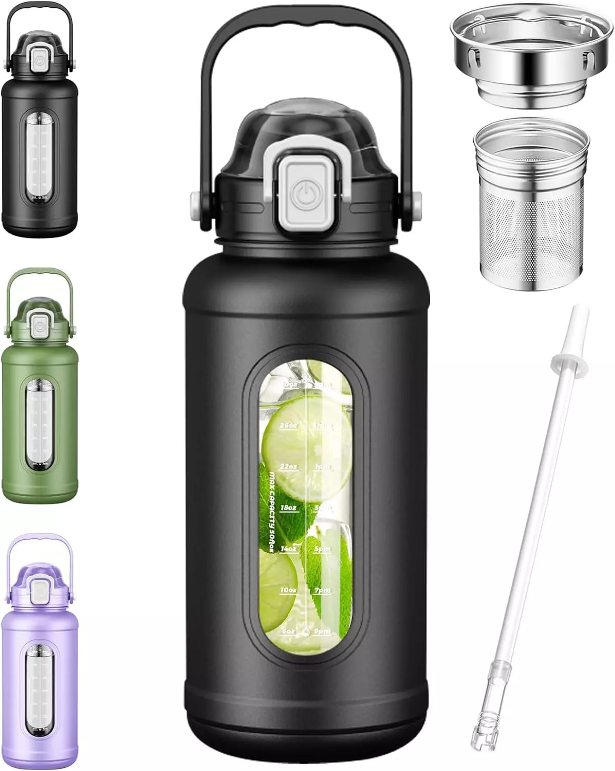 50 oz Glass Water Bottles - Large Motivational Glass Water Bottle with Time Mar