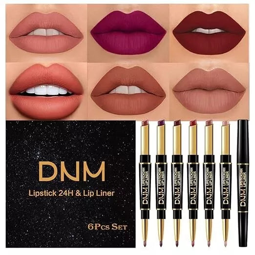 6Pcs Lip Liner and Lipstick Set,DNM Double Head Matte Mat Lipstick 24H & Lip Lin