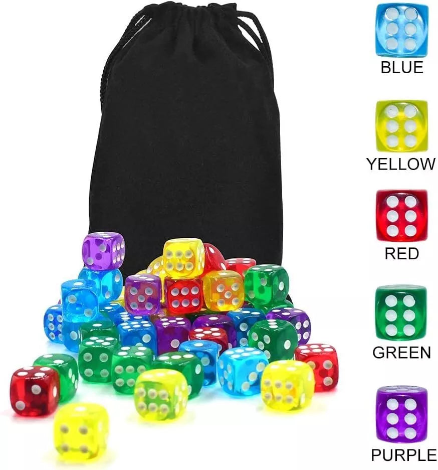 50 of Pack 14MM 6 Sided Dice Set Translucent Colors Dice, with Black Pouch