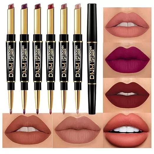 6Pcs Lip Liner and Lipstick Set,DNM Double Head Matte Mat Lipstick 24H & Lip Lin