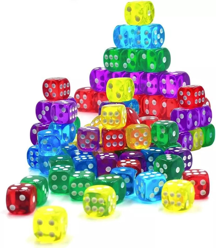 50 of Pack 14MM 6 Sided Dice Set Translucent Colors Dice, with Black Pouch