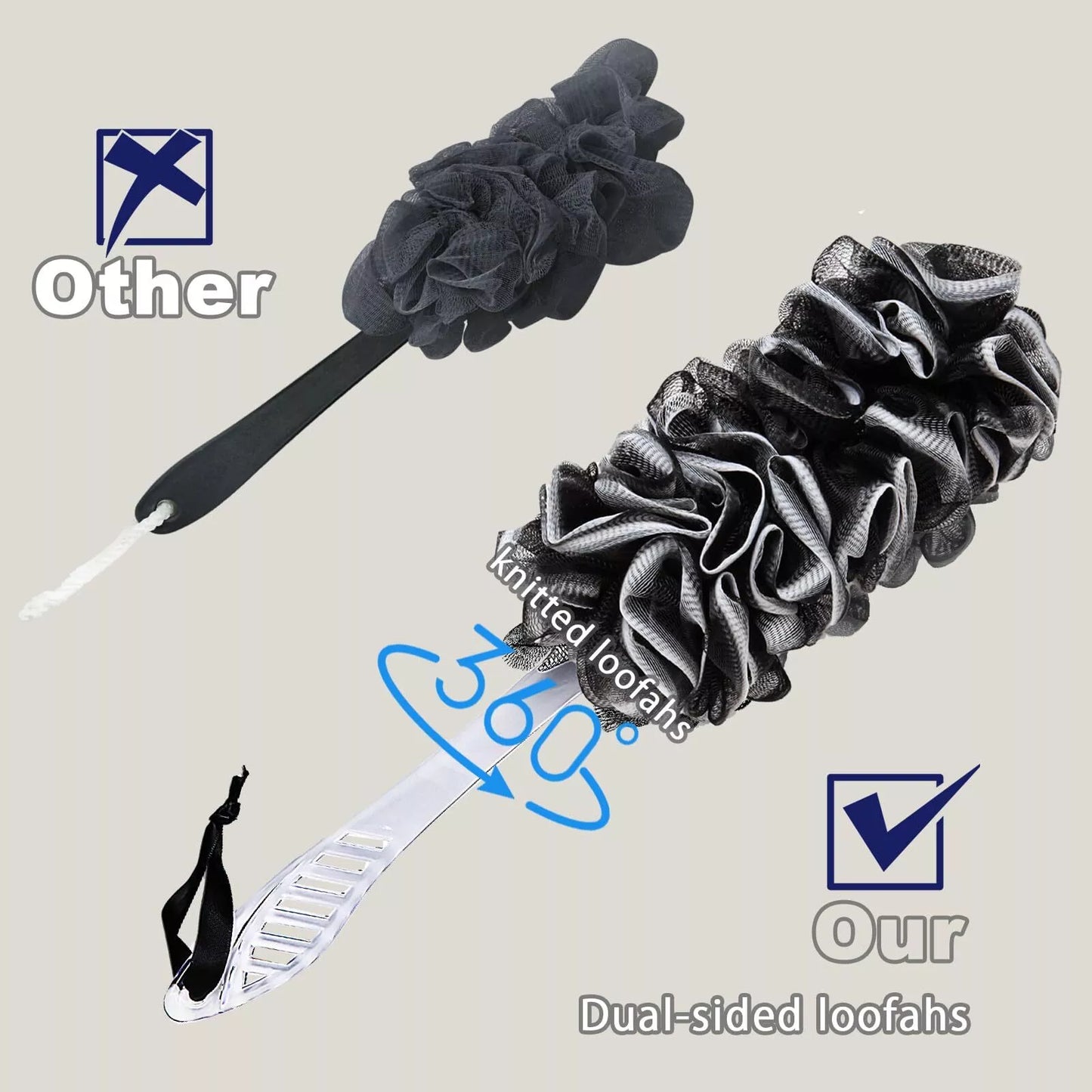 T2Pack Back Scrubber for Shower DualSided Loofah on a Stick as Shower Brush Exf