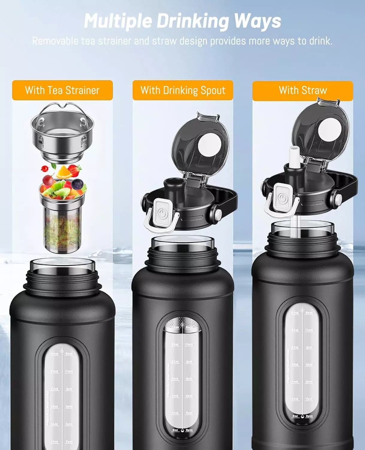50 oz Glass Water Bottles - Large Motivational Glass Water Bottle with Time Mar
