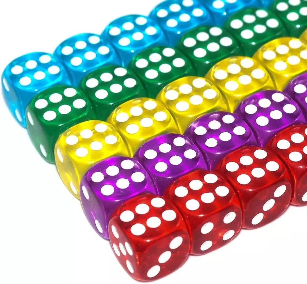 50 of Pack 14MM 6 Sided Dice Set Translucent Colors Dice, with Black Pouch