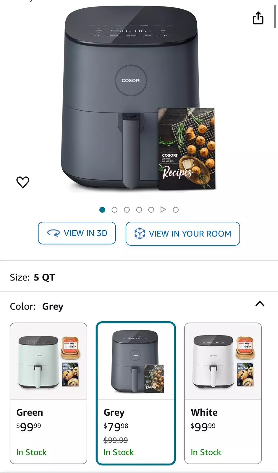 COSORI Air Fryer Compact 5 Qt, Max 450F for Juicy Meat, Little To No Oil