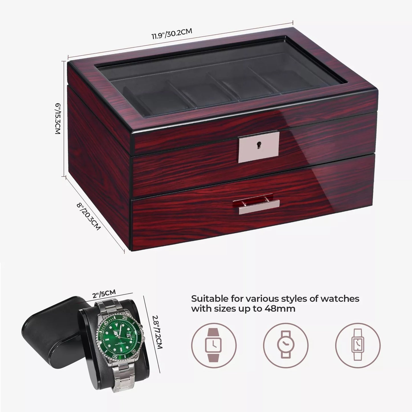20 Slot Watch Box Watch Case for Men with Large Glass Lid 2Tier Watch Displa