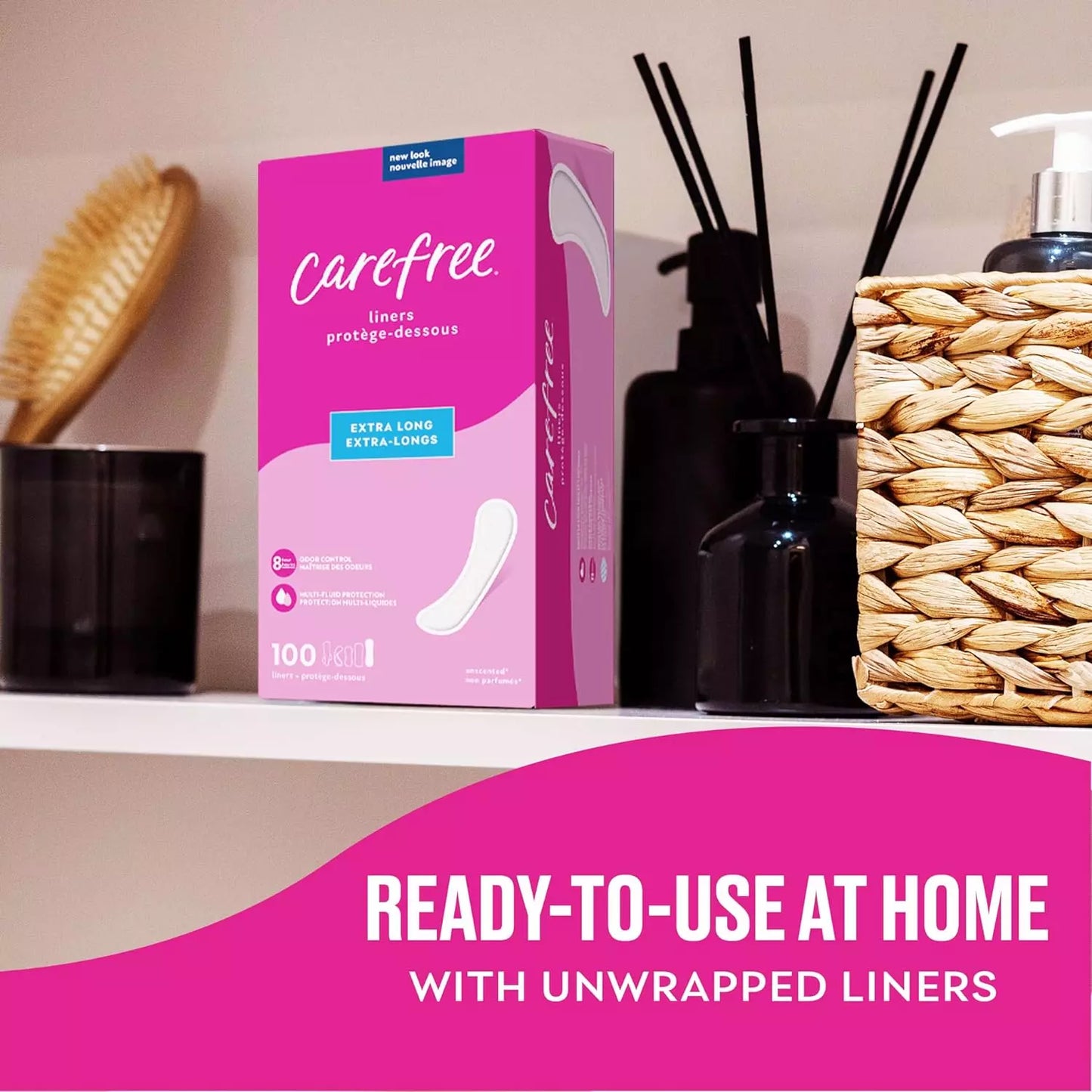 Carefree Panty Liners, Extra Long Liners, Unwrapped, Unscented, 100ct