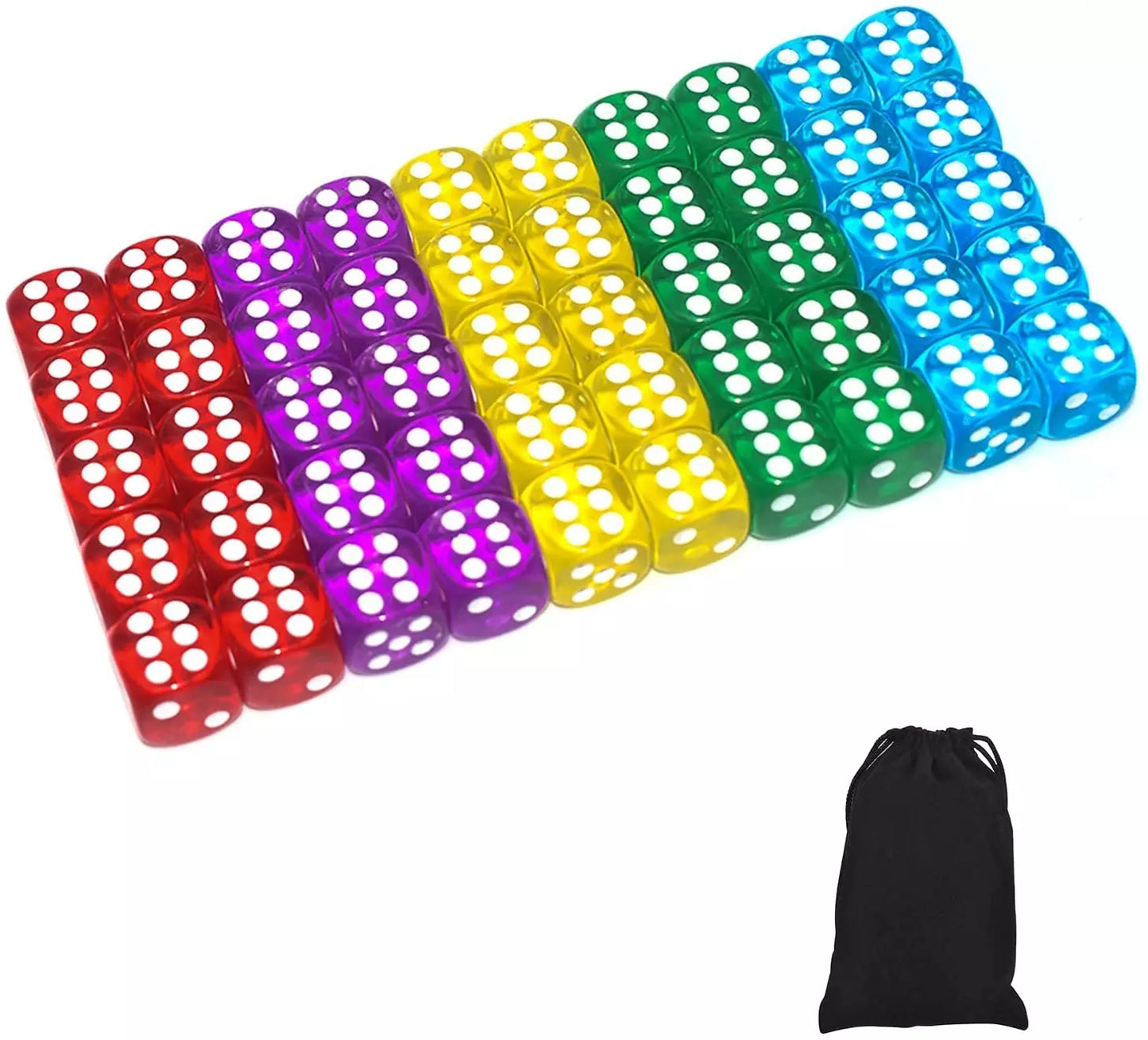 50 of Pack 14MM 6 Sided Dice Set Translucent Colors Dice, with Black Pouch