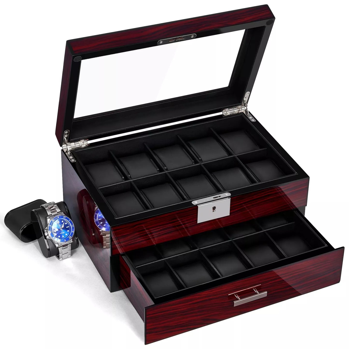 20 Slot Watch Box Watch Case for Men with Large Glass Lid 2Tier Watch Displa