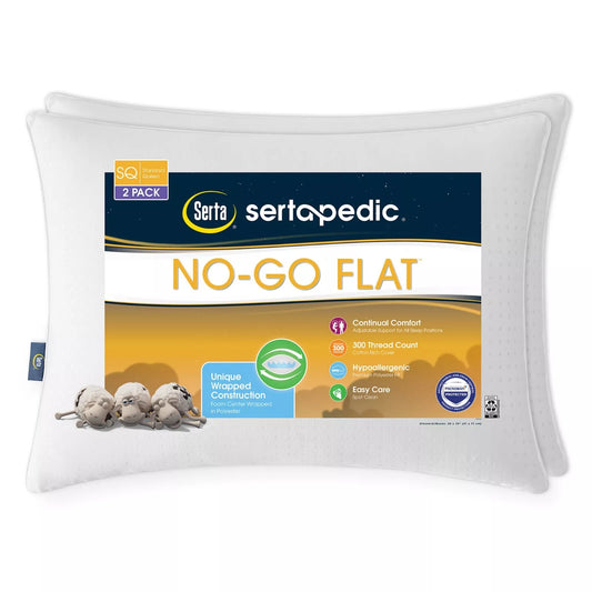 Sertapedic No-Go-Flat Bed Pillow, Standard/Queen, 2 Pack New