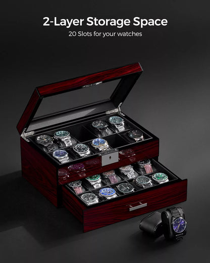 20 Slot Watch Box Watch Case for Men with Large Glass Lid 2Tier Watch Displa