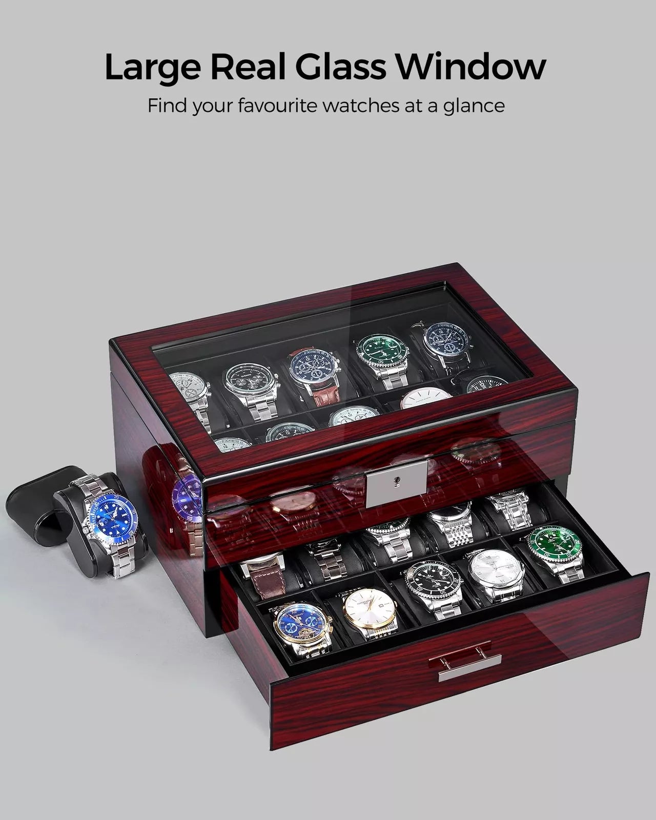 20 Slot Watch Box Watch Case for Men with Large Glass Lid 2Tier Watch Displa