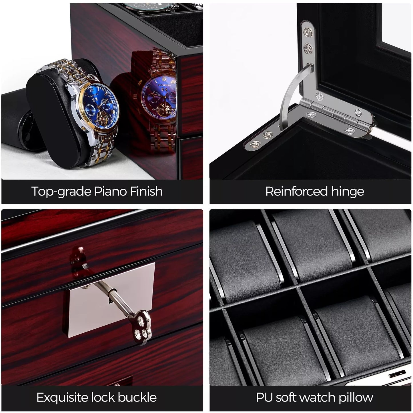 20 Slot Watch Box Watch Case for Men with Large Glass Lid 2Tier Watch Displa