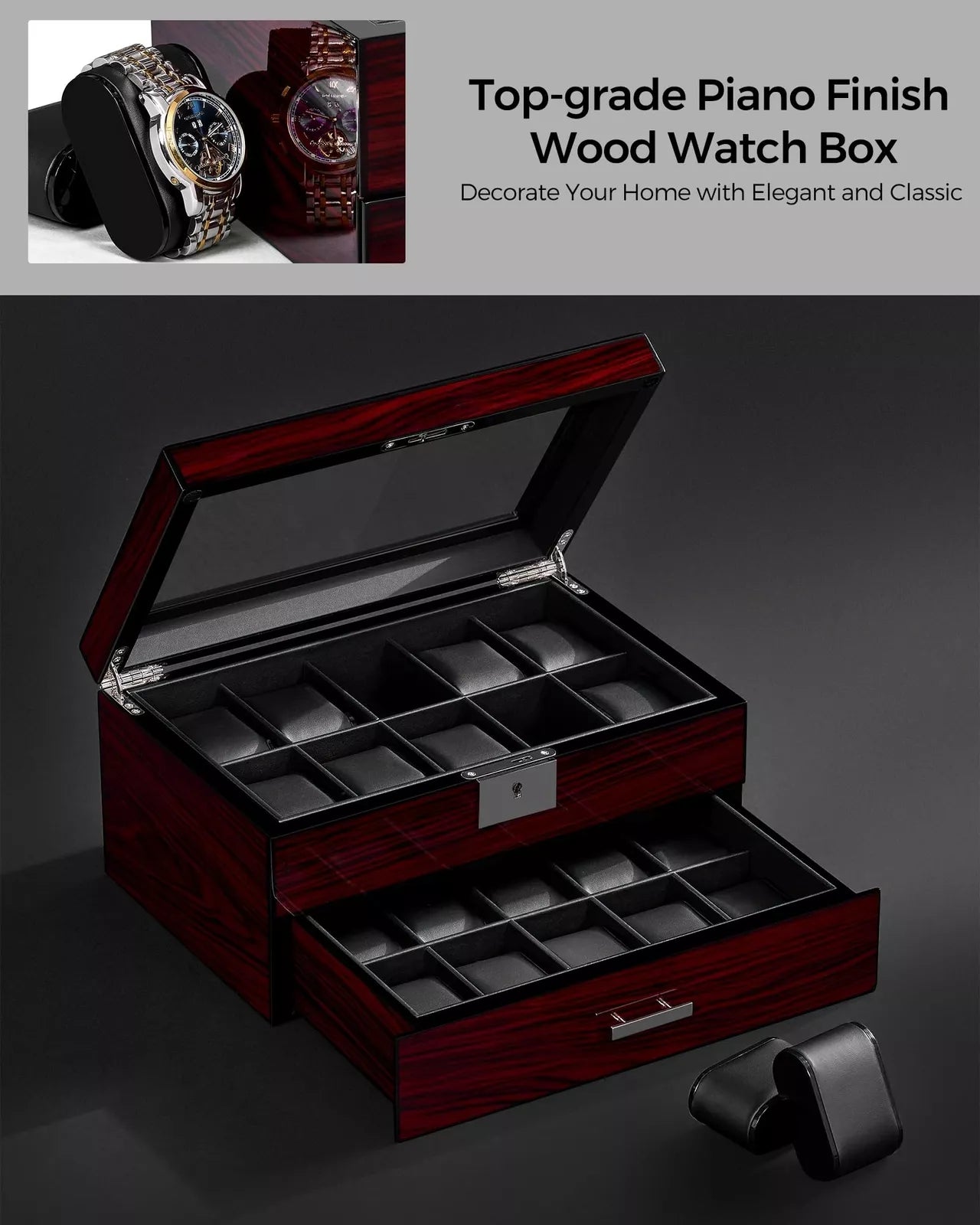 20 Slot Watch Box Watch Case for Men with Large Glass Lid 2Tier Watch Displa