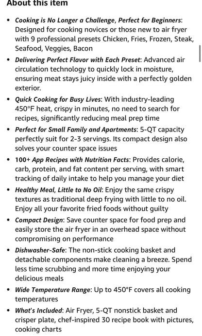 COSORI Air Fryer Compact 5 Qt, Max 450F for Juicy Meat, Little To No Oil